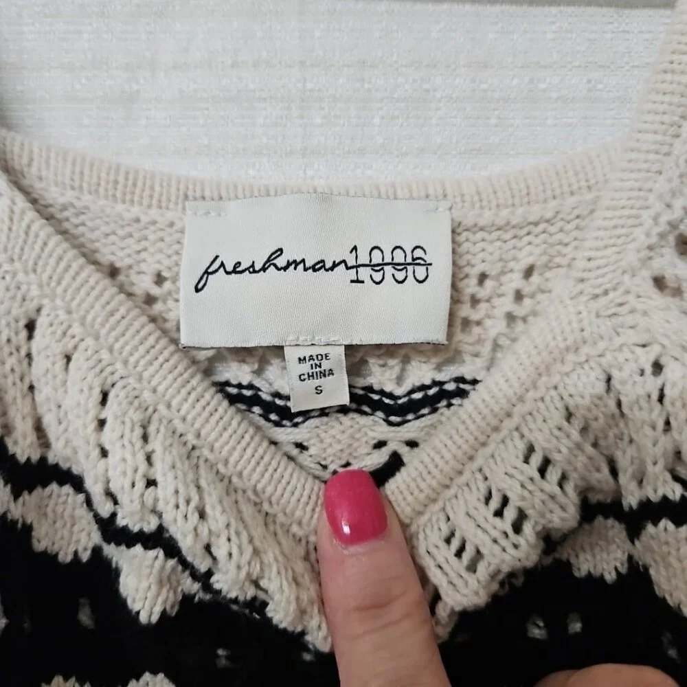 Womens Sz Small Freshman 1996 Cropped Crochet Sweater Black Cream Boho Festival